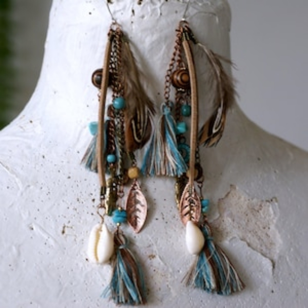 Bohemian Feather and Bead Earrings Handmade